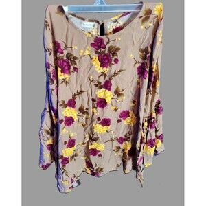 Southern Stitch Brown with Maroon Flowers Cold Shoulder Shirt - size XL